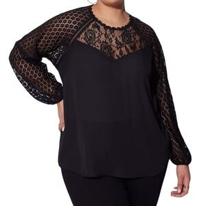 Torrid Georgette Lace Mix Top Womens 1X Black Blouson Sleeve Romantic Whimsygoth